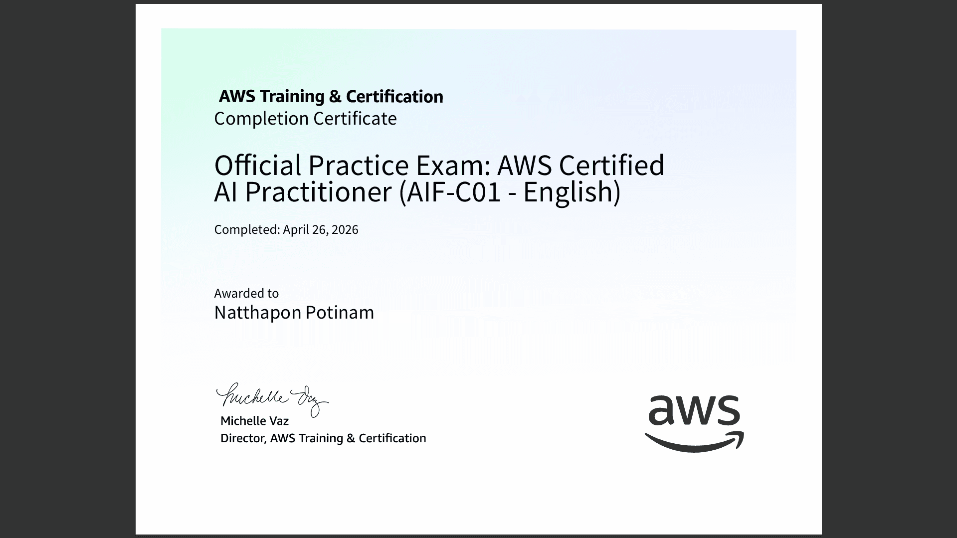 ใบรับรองการทำแบบทดสอบฝึกปฏิบัติ AWS Certified AI Practitioner
