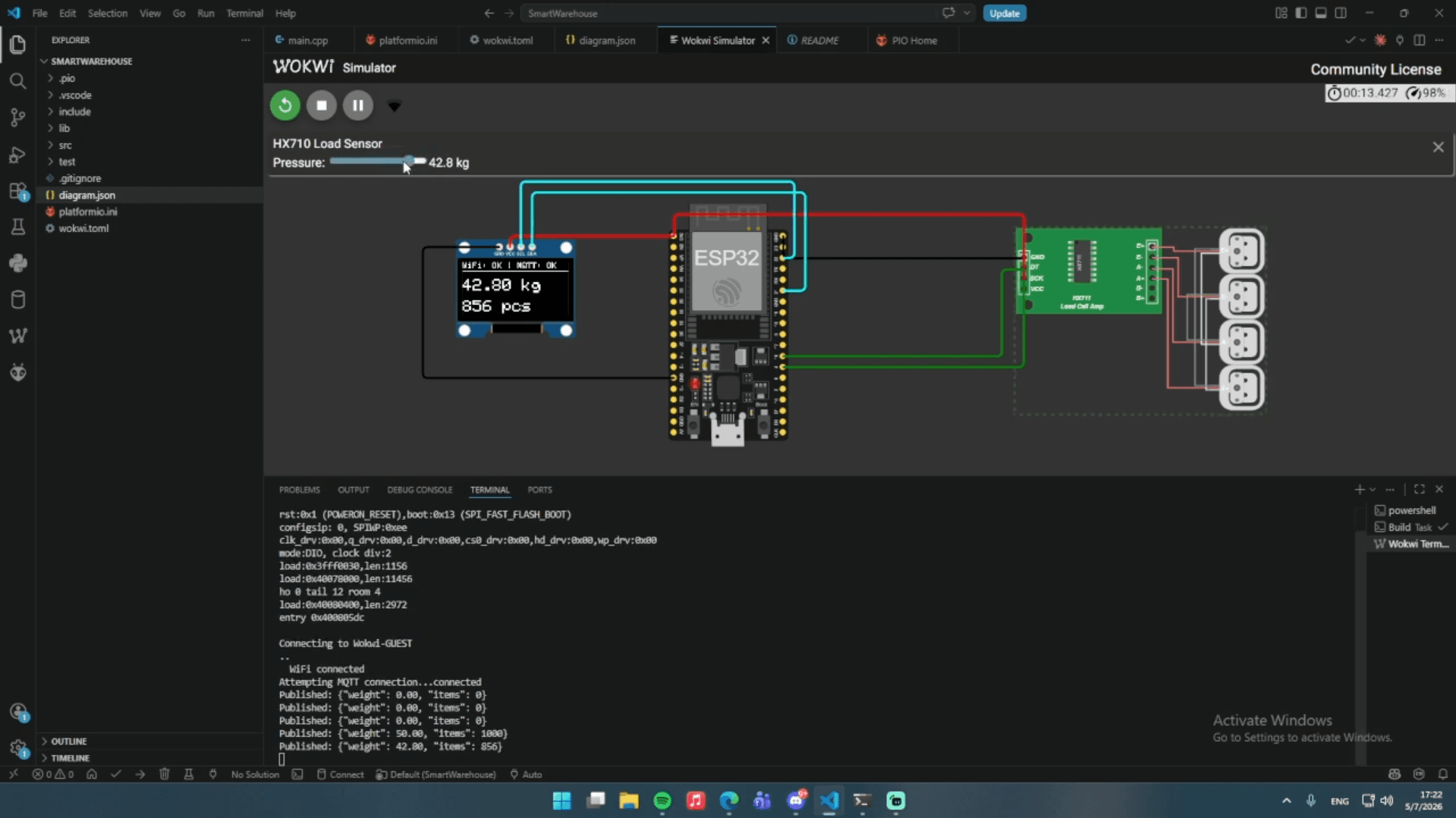 การจำลอง ESP32 และ Load Cell ของระบบ Smart Warehouse บน Wokwi